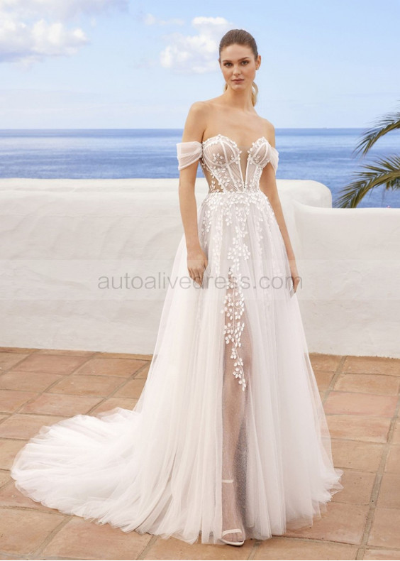 Off Shoulder Ivory Lace Glitter Tulle Dreamy Wedding Dress